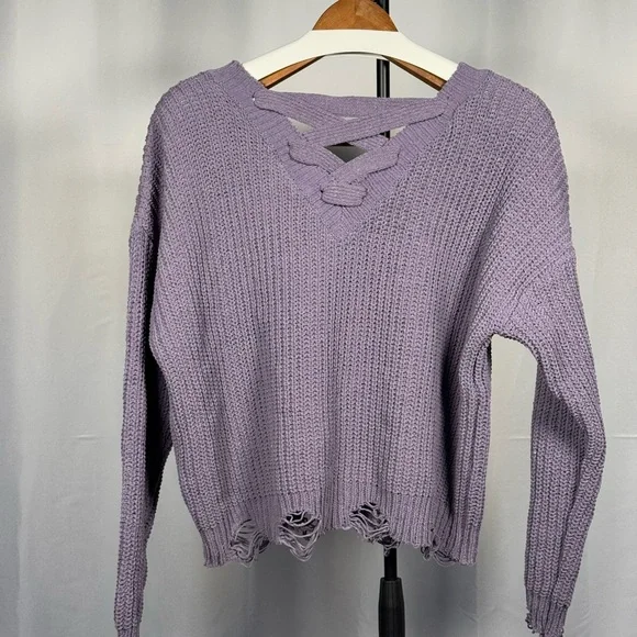 Purple V-Neck Distressed Sweater - Picture 3 of 3